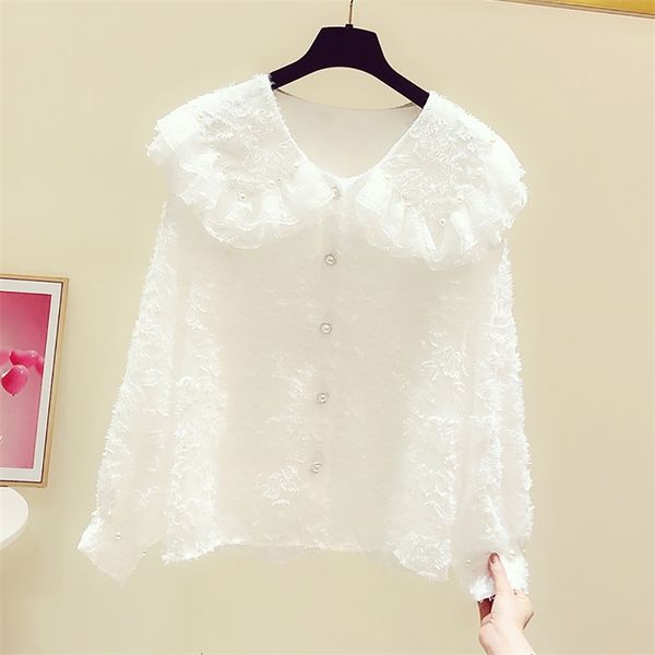 

women's blouses & shirts fashion summer lace pearl button ruffles long sleeve doll collar white for women straight loose baggy s-x