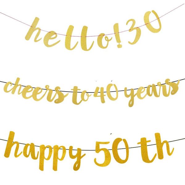 

party decoration golden banner paper bunting garland happy birthday hello 30 40 50 60 anniversary adult
