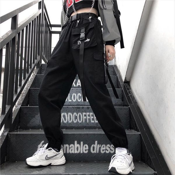 

workwear men and loose korean women capri version of the students tied up high waist thin black casual cargo, Black;white