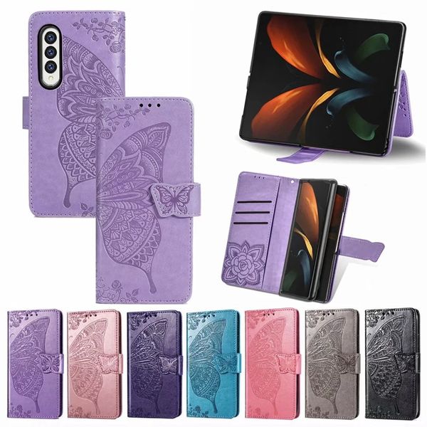 Custodie in pelle portafoglio moda farfalla per Samsung Galaxy Z Fold 4 3 Fold4 Fold3 pieghevole impronta pizzo fiore carino supporto floreale slot per carta di credito ID Flip Cover Pouch