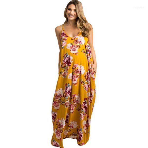 

spring summer floral maternity clothes print maxi dresses resort style sling dress for pregnant women q02121, White