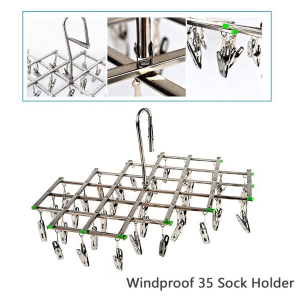 

2021stainless steel windproof swivel clothes hanger organizer with 35 clips for underwear bra socks gloves drying hook rack laundry storage