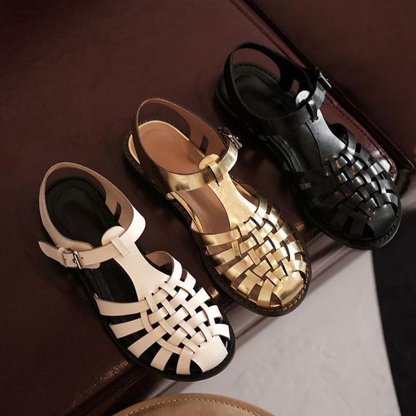 

beige heeled sandals female shoe 2021 summer breathable buckle black girls low retro closed gold flat gladiator comfort soli