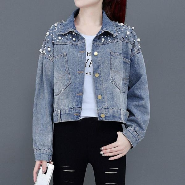 

women's jackets women vintage denim jacket long sleeve pearl decoration button down distressed short jean coat with pocket, Black;brown