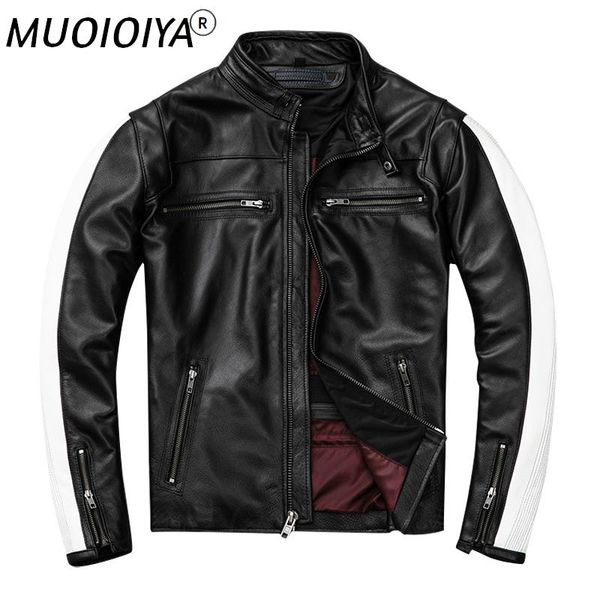 

men's leather & faux first layer cowhide genuine jacket men's racing suit cycling heavy motorcycle youth, Black