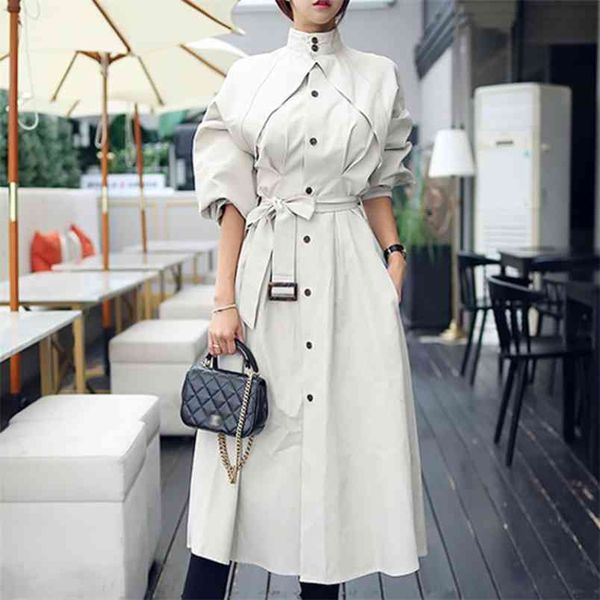 

spring office lady bat sleeved long length wild slim waist windbreaker korean elegant stand collar women's trench coat 210514, Tan;black