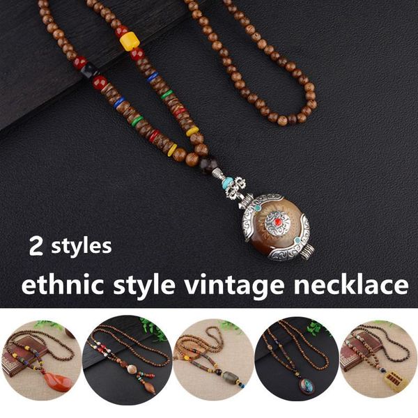

pendant necklaces 2 types vintage ethnic retro boho sweater chain decoration wooden jewelry long buddha buddhist bead, Silver