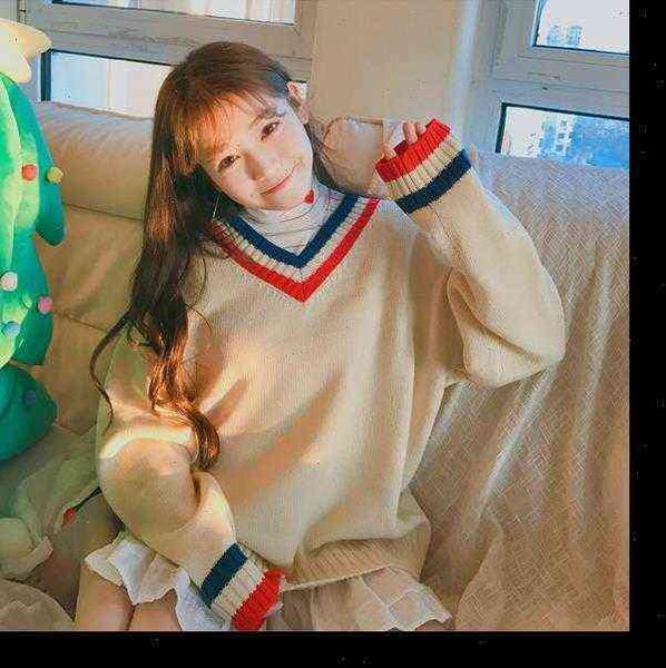 

korean institute womens sweaters wind all match knitted sweater women cute v neck hit color long sleeve japanese style, White;black