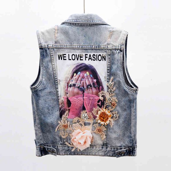 

jacket denim vest women sleeveless jacket coat korean beading embroidery flowers print waistcoat casual slim short jeans vests female, Black;brown