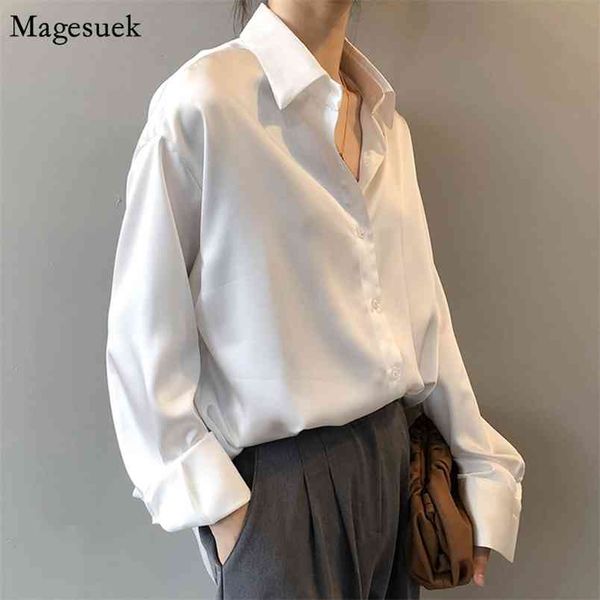 

spring turn-down collar women shirt white loose satin solid blouse casual button silk woman blusas 11355 210512
