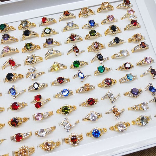 

50pcs/lot colorful natural stone rings for women ladies gemstone jewelry fashion ring mix styles valentine's day gift, Golden;silver