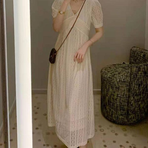 

casual dresses french chic oversized short puff sleeve women dress 2021 summer lace v-neck lady vestidos mid-long mori female robe ke1321, Black;gray