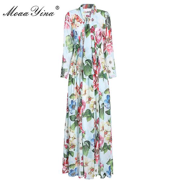 

fashion designer dress spring autumn women's dress long sleeve ribbon floral-print maxi dresses 210524, Black;gray