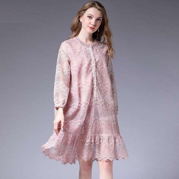 

casual dresses women plus size lace high waist crew neck long sleeve elegant dress autumn temperament mini oversize, Black;gray