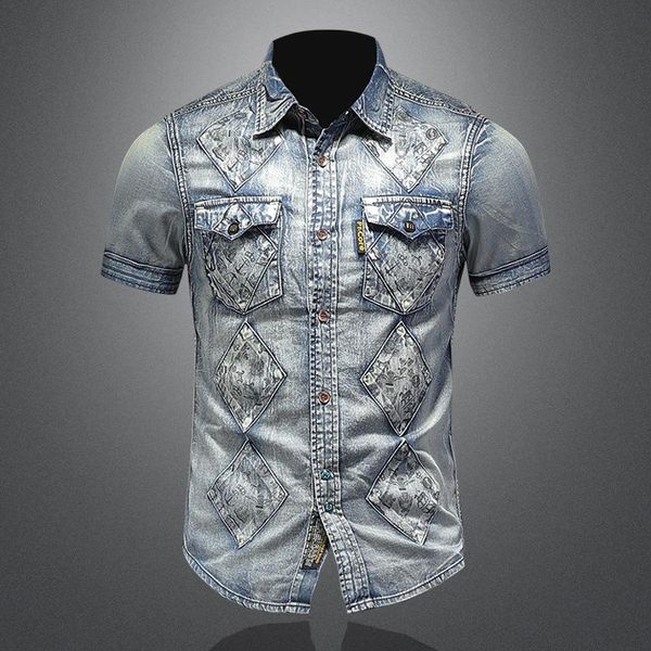 

men's casual shirts european style summer short sleeve denim shirt 100% cotton slim fit distressed washed male retro printed jean, White;black