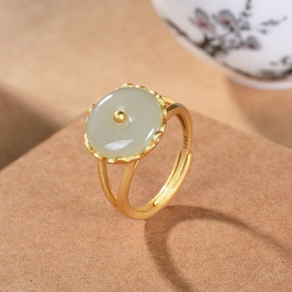 

cluster rings sterling silver gold-plated hetian white jade personality safe buckle women open ring ladies fine jewelry k0013, Golden;silver