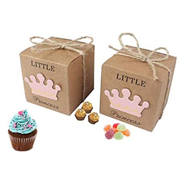 

50pcs baby shower favor box kraft paper candy gift packing little princess prince crown bag for birthday b wrap