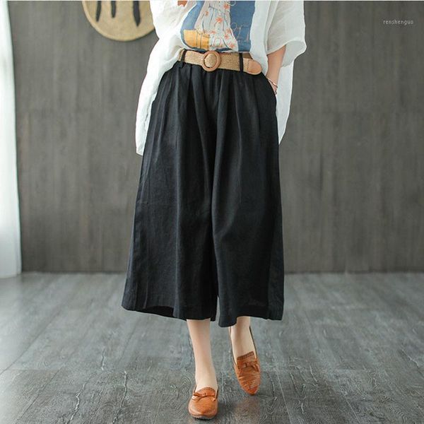 

women's pants & capris nini wonderland 2021 summer linen casual calf length women solid color loose wide leg korean style trousers belt, Black;white