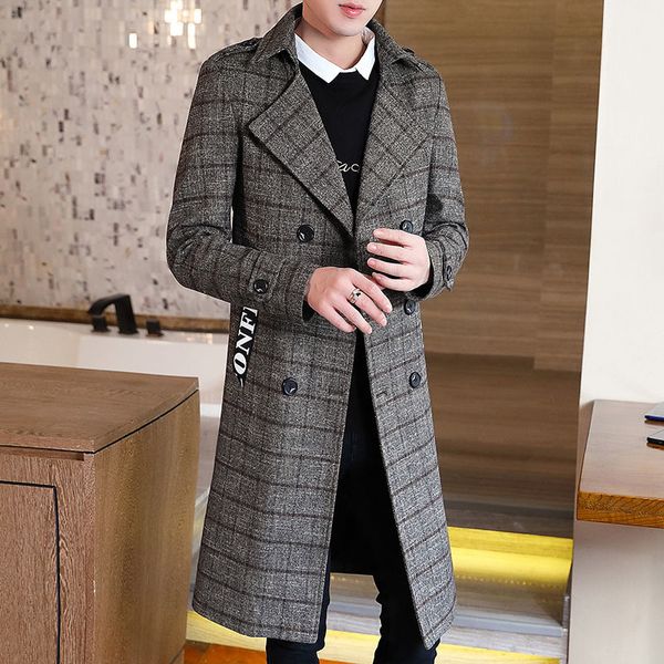 

men's wool & blends winter en overcoat korean slim the knee british tweed windbreaker double breasted plaid coat mens trench k6il, Black