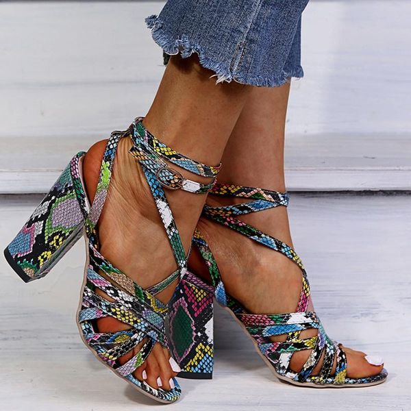 

women snake print sandals thin high heels shoes woman ankle cross strap fashion square toe ladies party, Black