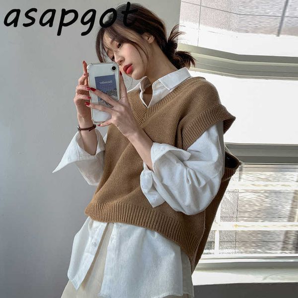 

temperament chic korean office lady v neck knitted vest sweater loose solid full turn down collar blouse fashion 2piece set 210610, White