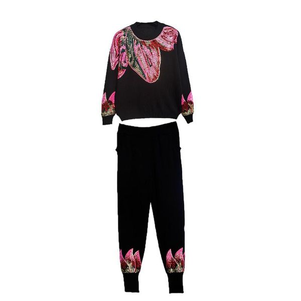 

women's two piece pants knitwear 2 suits autumn women sequins sweater+loose trousers casual knitted sets winter s-2xl, White