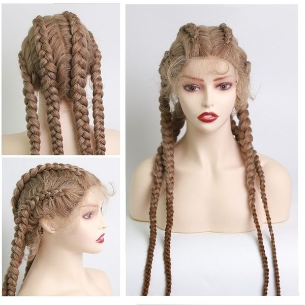 

lace woven front hand four braided wig long hair fiber full head cover, Black