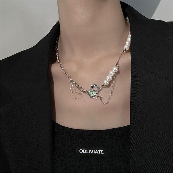 

pendant necklaces exquisite heart shaped mint green zircon necklace creative imitation pearl stitching ladies jewelry gift, Silver