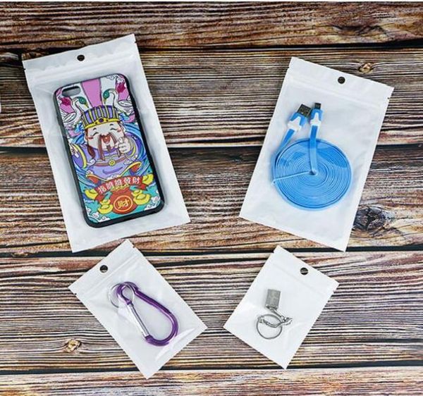 10.5 * 15, 9 * 16cm Limpar Zipper Branco Sacos Plásticos Ressaláveis ​​Com Hanging Hole Phone Case Pacote Zip Self Selo Bolsas Embalagem