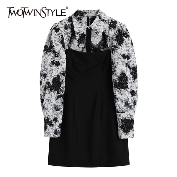 

twotwinstyle vintage fake two dress for women lapel long sleeve printed floral mini slim dresses female fashion clothing 210517, Black;gray