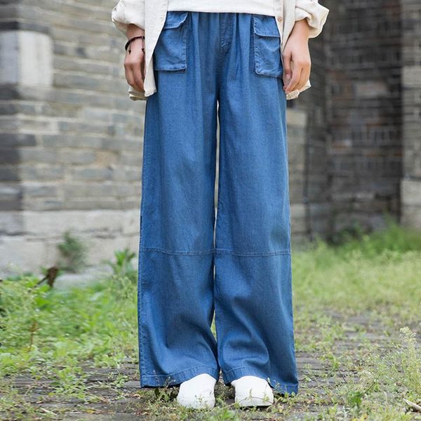 

women's jeans lzjn women elastic waist vintage mom wide leg cowboy thin denim pants pockets summer demin trousers, Blue