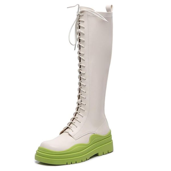 

boots autumn winter mixed color women's knee-high boots, fashionable front lace-up leather lining thick-soled comfortable knight, Black