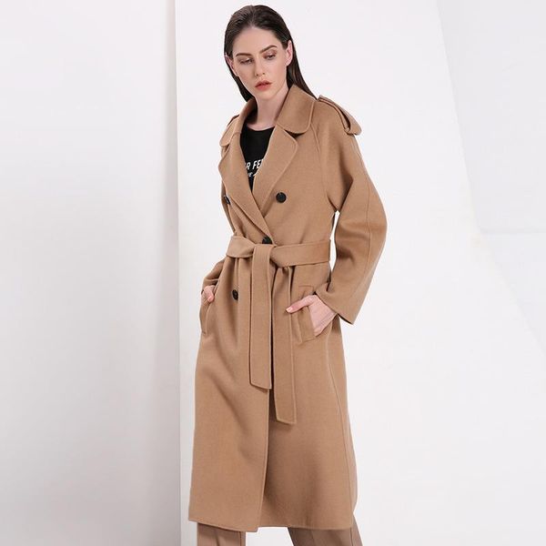 

women's wool & blends 2021 est women windbreaker fashion a-shaped laced-up waisted overcoat woolen coat female elegant oat, Black