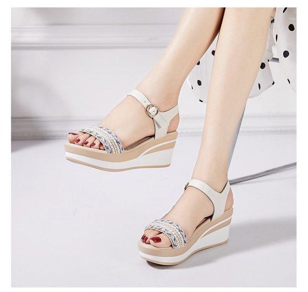 

shoes summer woman platform wedges heel soft leather casual open toe sandals women with 35-40, Black