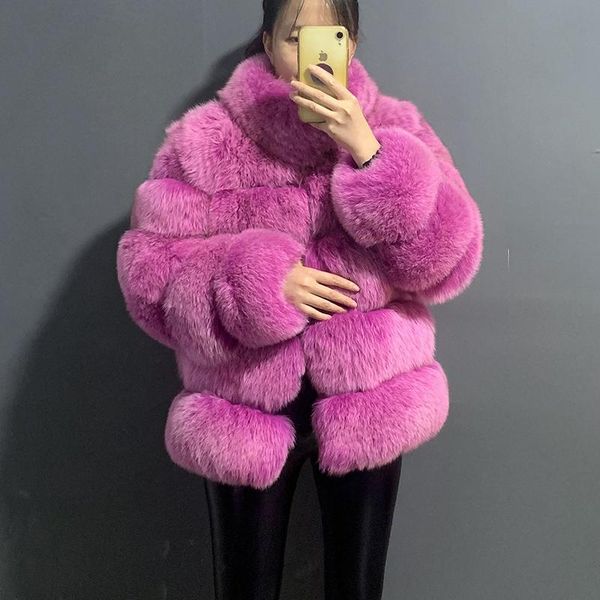 

women's fur & faux rf21131 thick natural real coat with long sleeve stand collar, Black