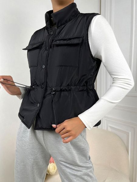 

drawstring waist flap pocket winter vest coat 90er#, Black