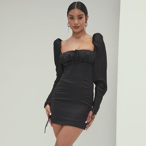 

casual dresses 2021 summer pleated black square neck long sleevebodycon dress elegant women's bodycon celebrity party vestidos, Black;gray