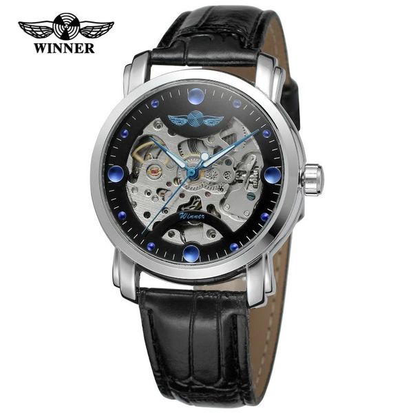 

wristwatches t-winner simple casual hollowed-out blue crystal pattern mechanical movement automatic watch black circular men's wri, Slivery;brown