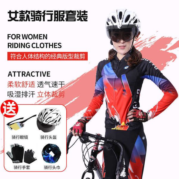 

spring and summer cycling clothes women's autumn cycling pants breathable long sleeve equipment helmet set highway mountain bike clothe, Gray