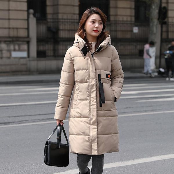 

women's down & parkas hooded warm coats plus size slim ladies casual long winter jacket pockets zipper padded for female fashion, Black