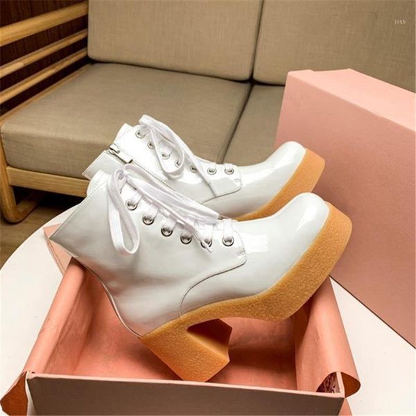 

boots patent leather women ankle platform wedges short lace up autumn winter combat1, Black
