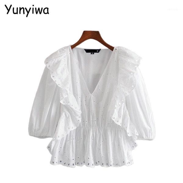 

women's blouses & shirts women ruffle white embroidery hole summer half sleeve v-neck elegant ladies