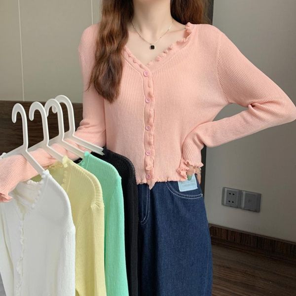 

women's knits & tees ljsxls white knitted sweater solid v-neck long sleeve sweaters female spring autumn all-match open stitch clothes