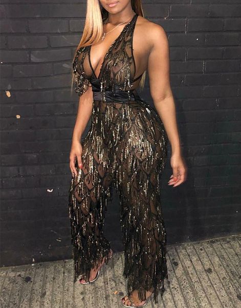 

women's jumpsuits & rompers deep v-neck sheath women belt backless sequins solid color trousers overalls, Black;white