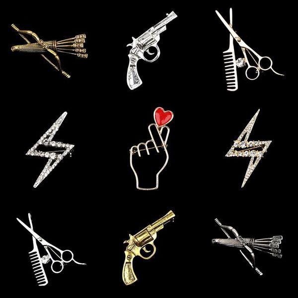 

pins, brooches retro metal bow arrows gun scissors comb finger heart men's coat suit hat lapel pins chic clothing accessories, Gray