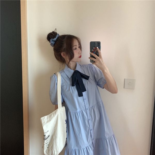 

bow light blue preppy style loose solid knee-length turn-down collar summer regular single breasted women dresses 210522, Black;gray