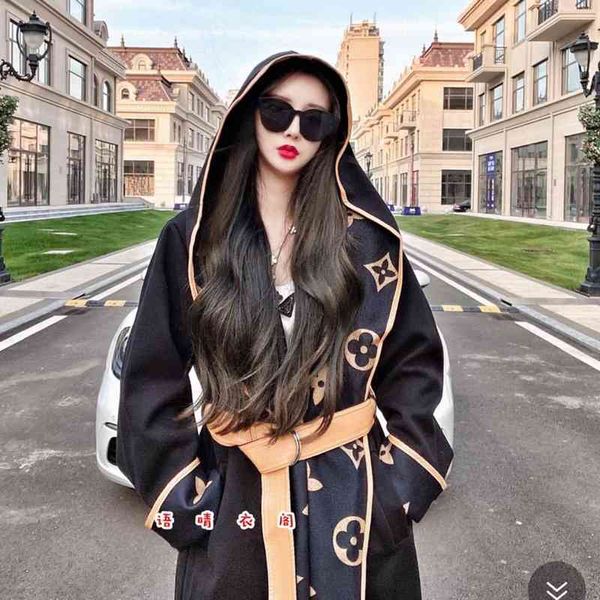

designerautumn winter cloak hooded composite coat women's medium long korean loose slim and thin woolen coatbalencaiga, Black