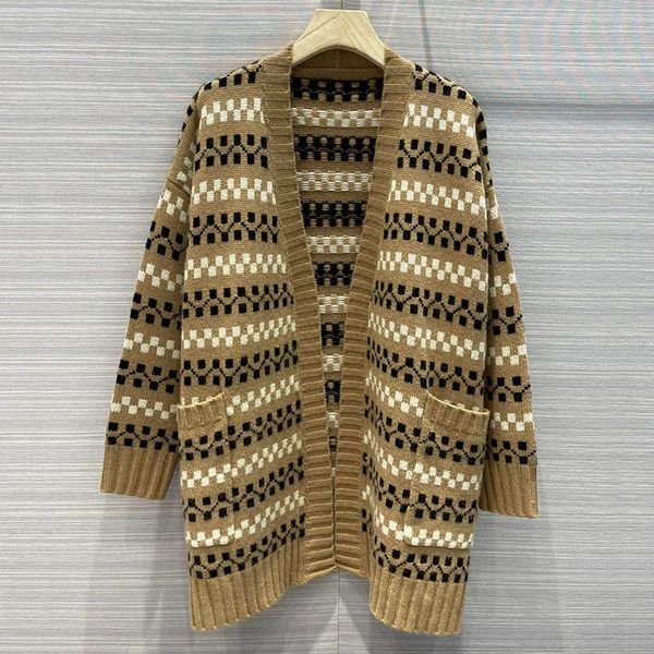 

women's knits & tees 2021 autumn winter fashion square striped knit cashmere long loose cardigan women open stitch soft sweater, White
