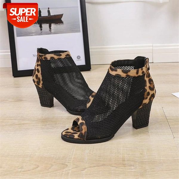 

women boots mesh suede ankle boots lace 2019 summer zapatos chaussures femme zipper square high heel leopard women shoes #pg04