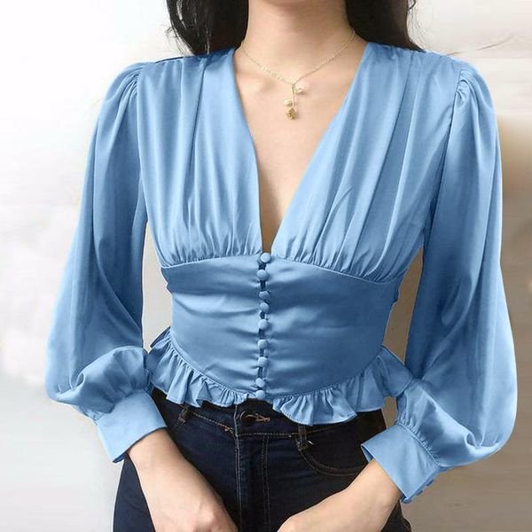 

women's blouses & shirts women elegant solid color blouse 2021 vonda office ladies casual ruffled hem puff sleeve v neck button up ove, White